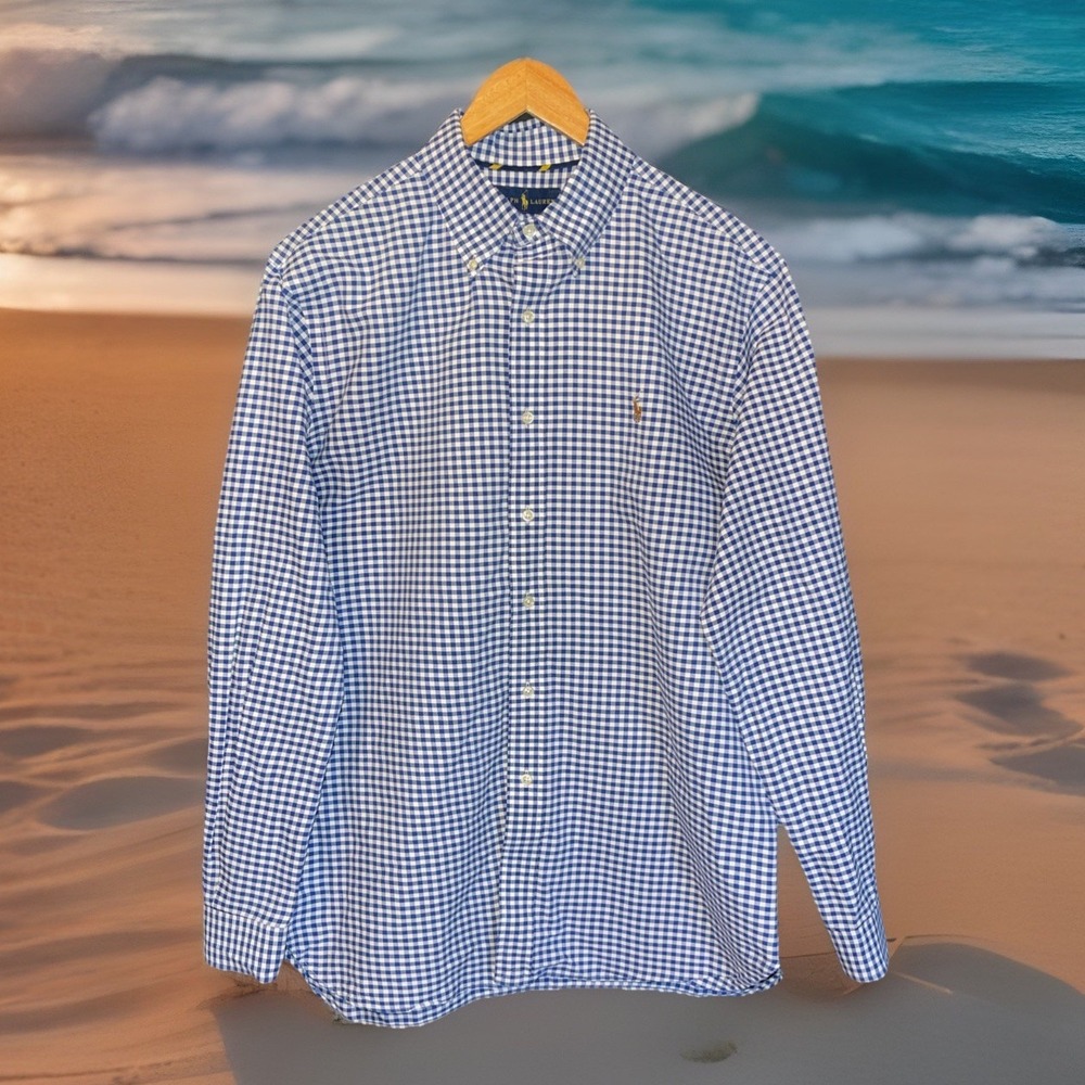 Ralph Lauren Shirt Men L Blue Classic Fit Gingham Check Flesh‎ Pony Long Sleeve
